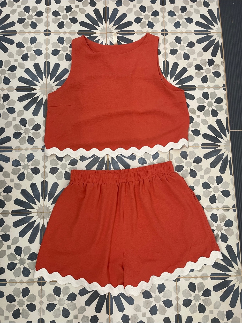 Red Two-Piece Scallop Trim Crop Top + Shorts Set